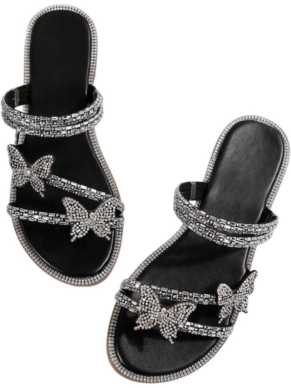 Women's Black Flat Loafers Sparkly Butterfly Strappy Open Toe Elegant Slides